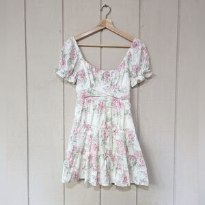 Trixxi Delicate Floral Coquette Milkmaid Tiered‎ Dress Rose Dainty XS